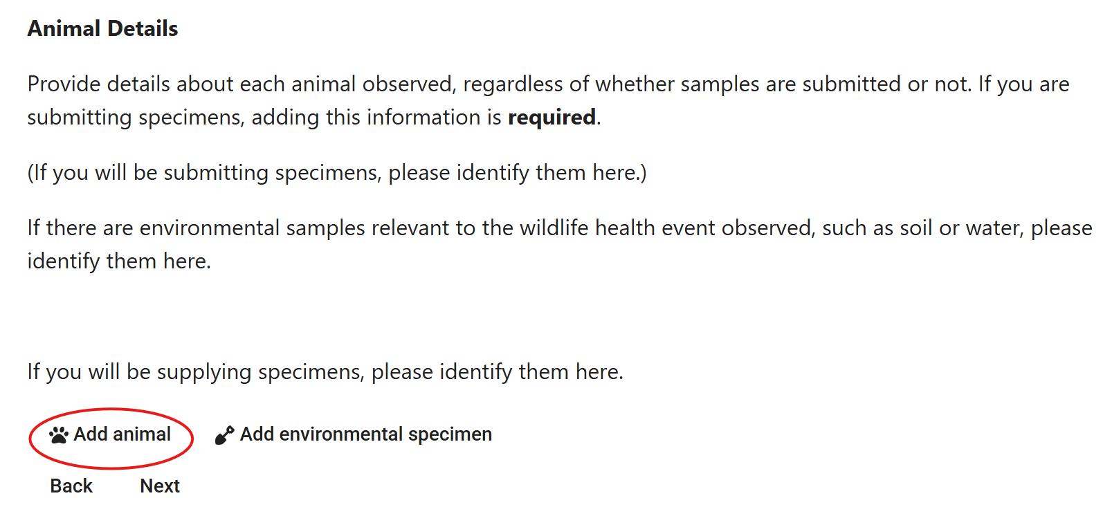 Screenshot of add animal form