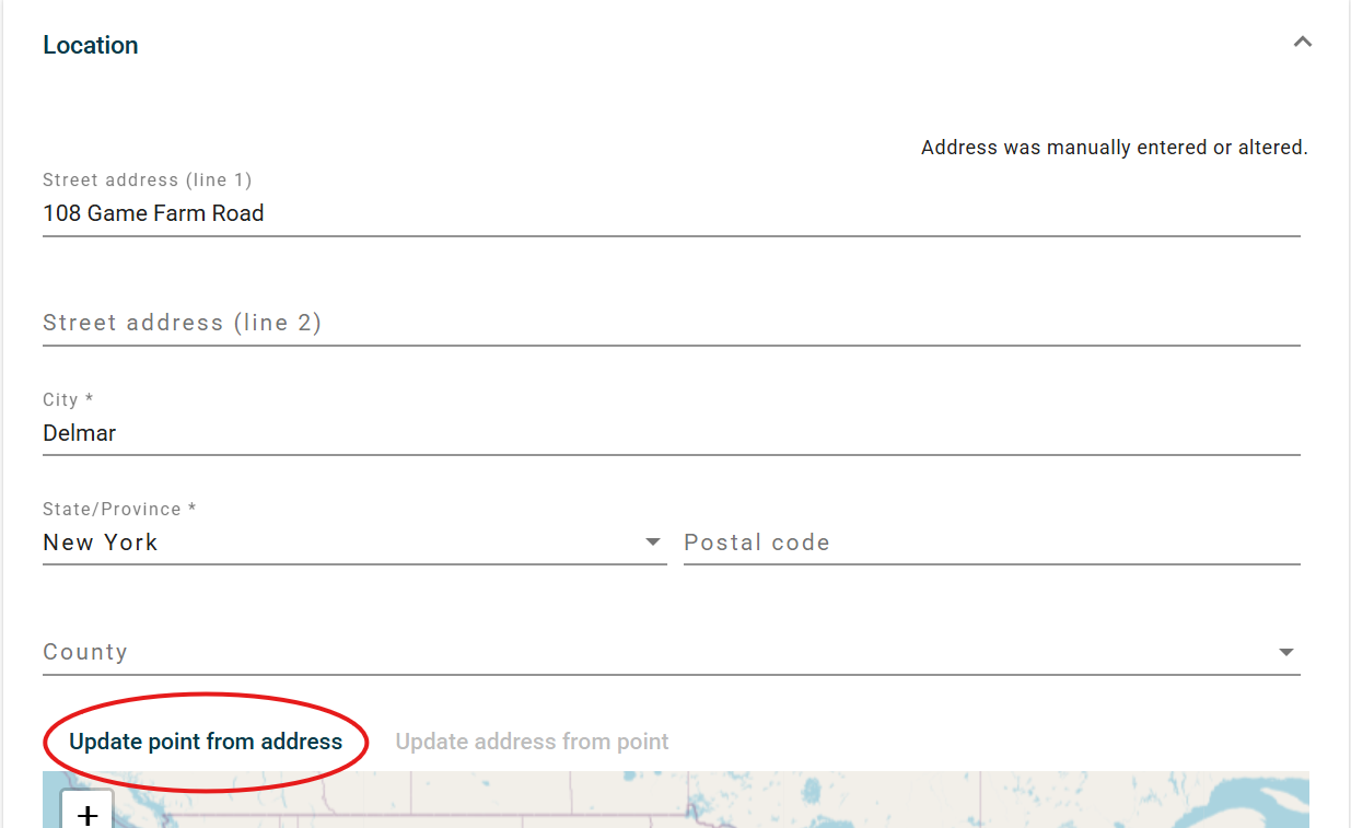 Screenshot of update address from point button