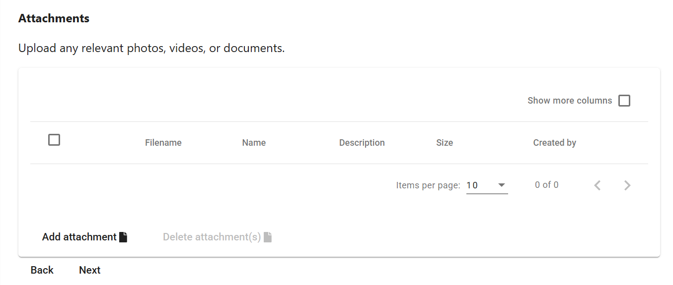 Screenshot of attachments form