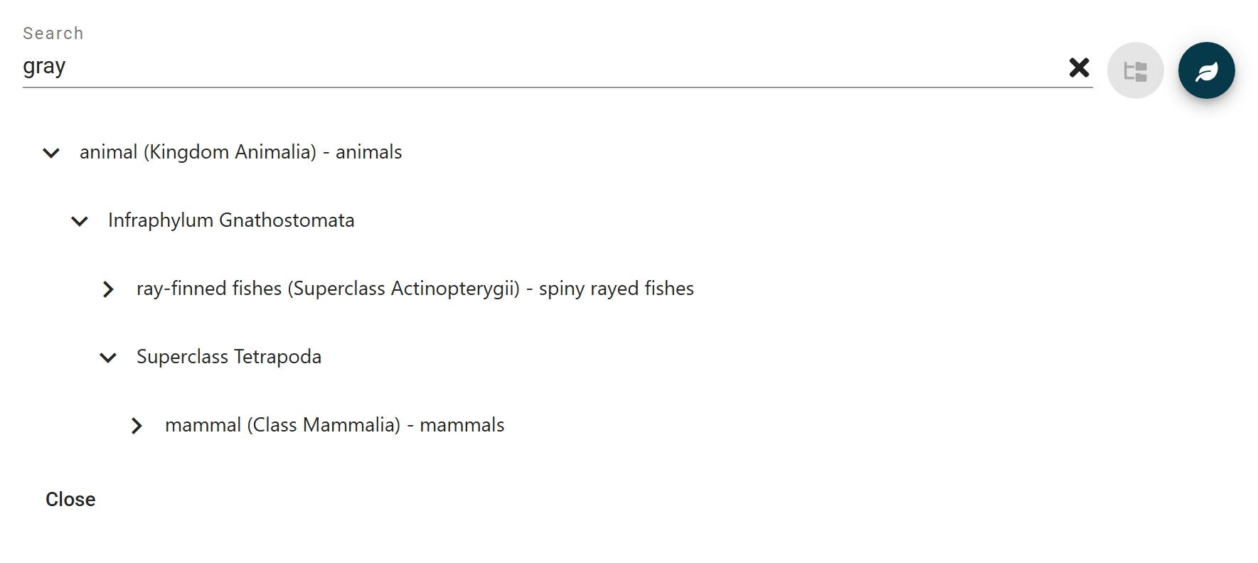 Screenshot of species taxonomic unit picker