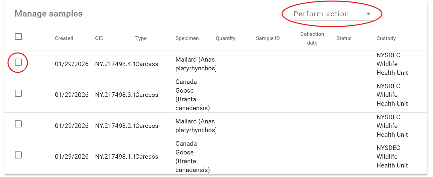 Screenshot of manage samples table