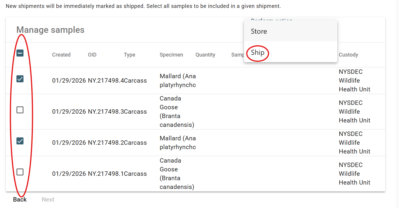 Screenshot of adding samples to shipment